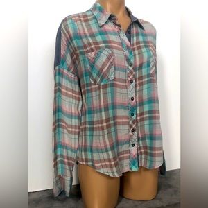 Free People We the Free Raglan Hi Low Checked Shirt Top Size Small Petite